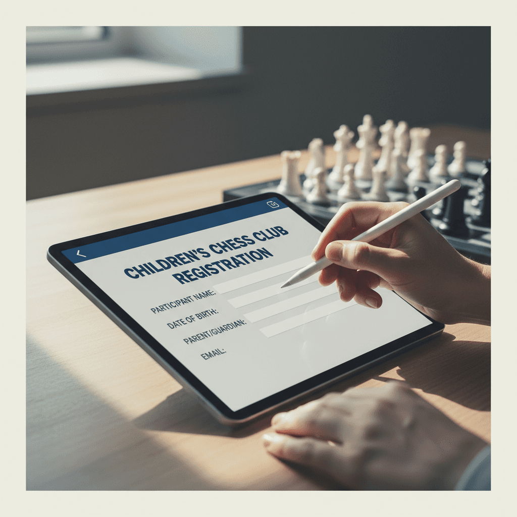 Parent registering a child for chess classes on a tablet