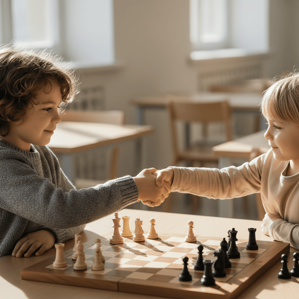 Two children shaking hands after a chess game