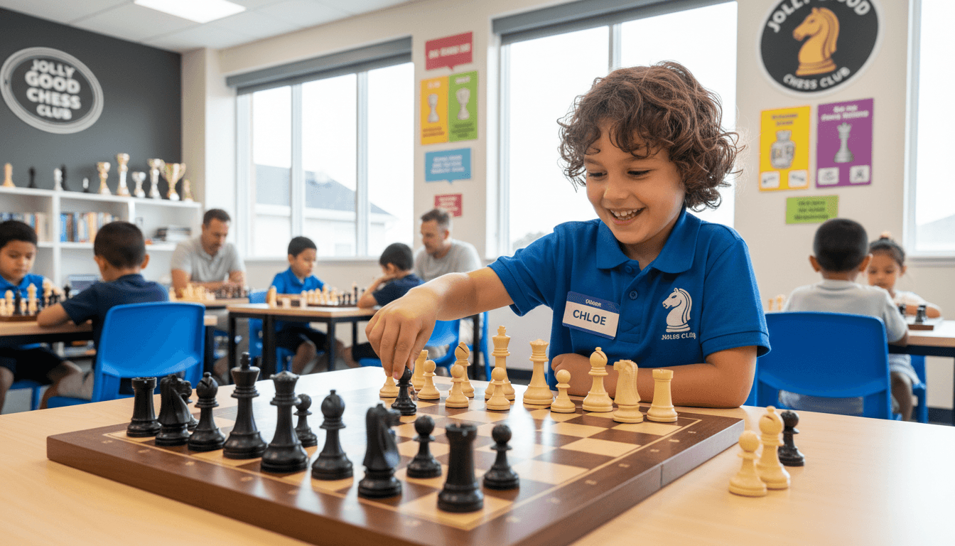Cheerful child playing chess in a bright, modern classroom at Jolly Good Chess Club.