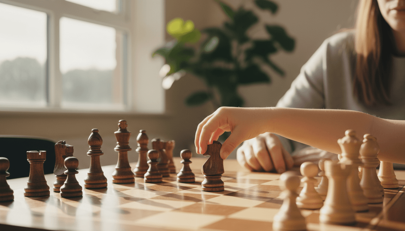 Child's hands moving a chess piece on a board in a light-filled classroom