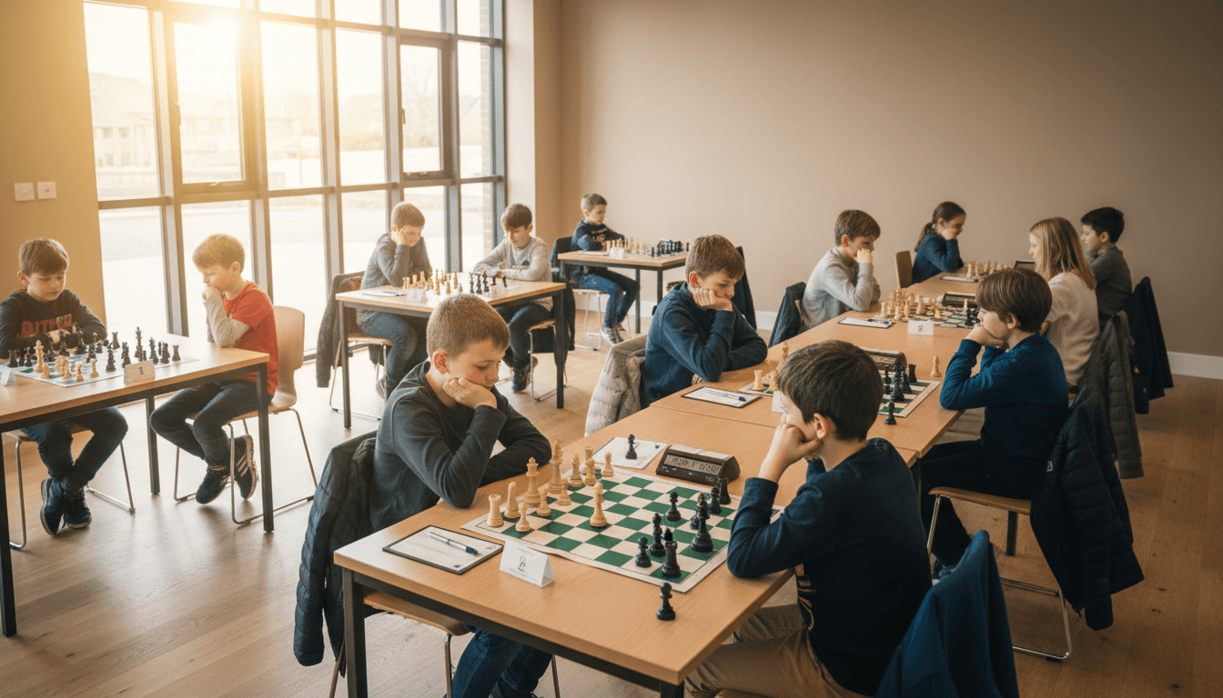 Junior chess players concentrating over boards at a club in Surrey