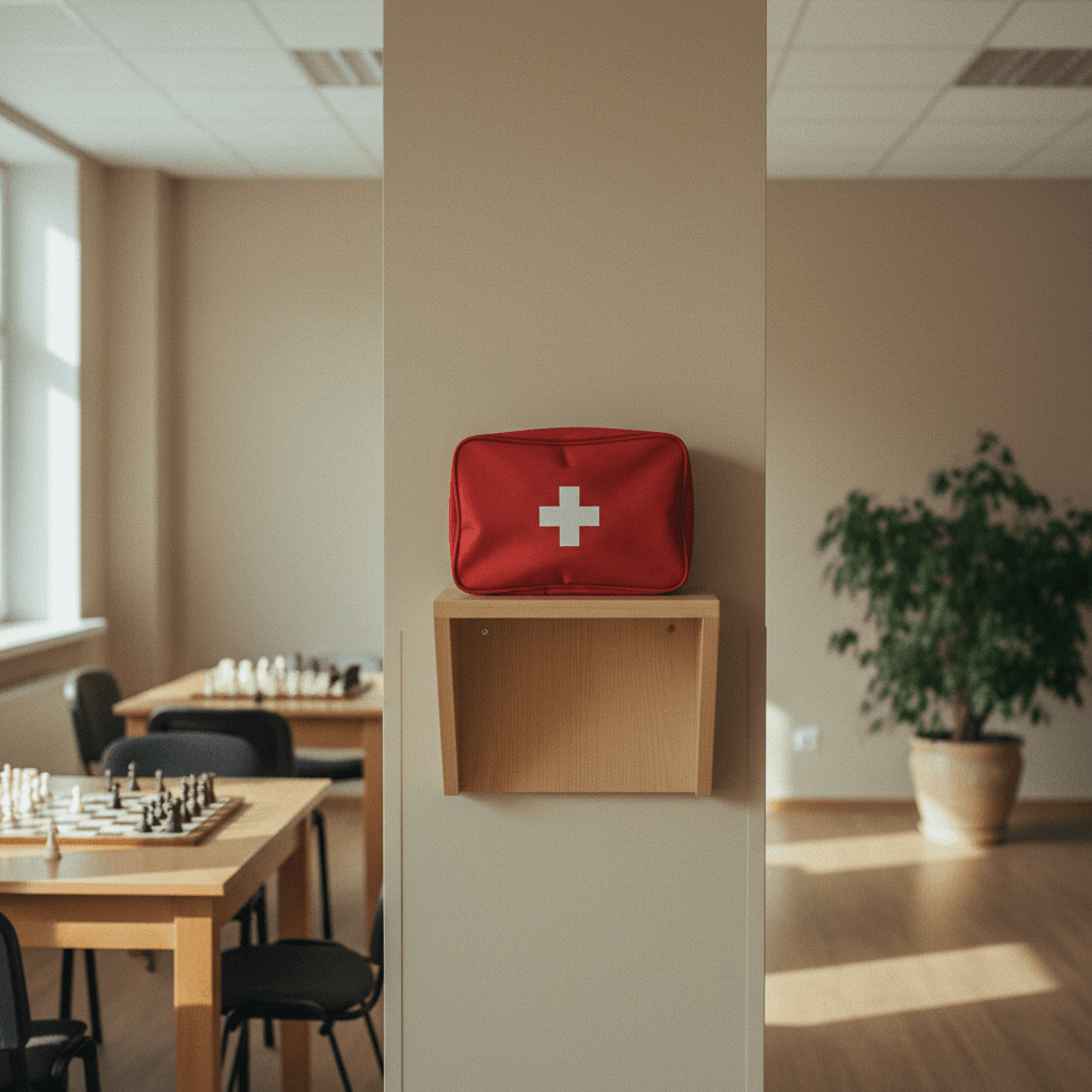 First aid kit on a shelf in a Surrey chess club community room