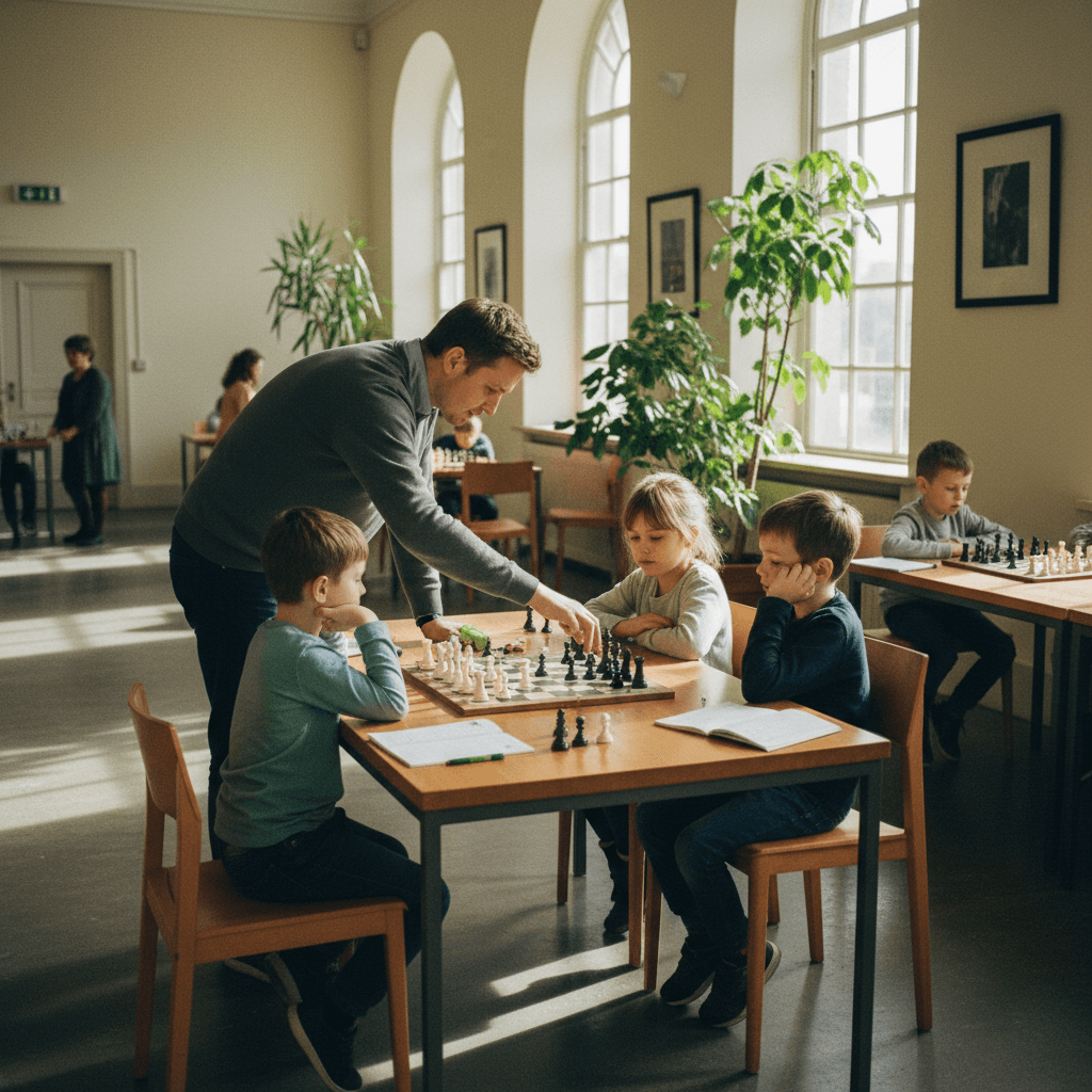 DBS-checked chess coach supervising children during a club session in a Surrey community hall