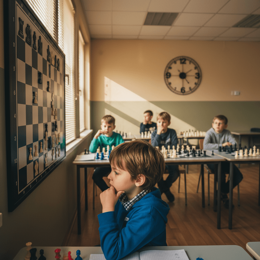 Child studying a chess position during class