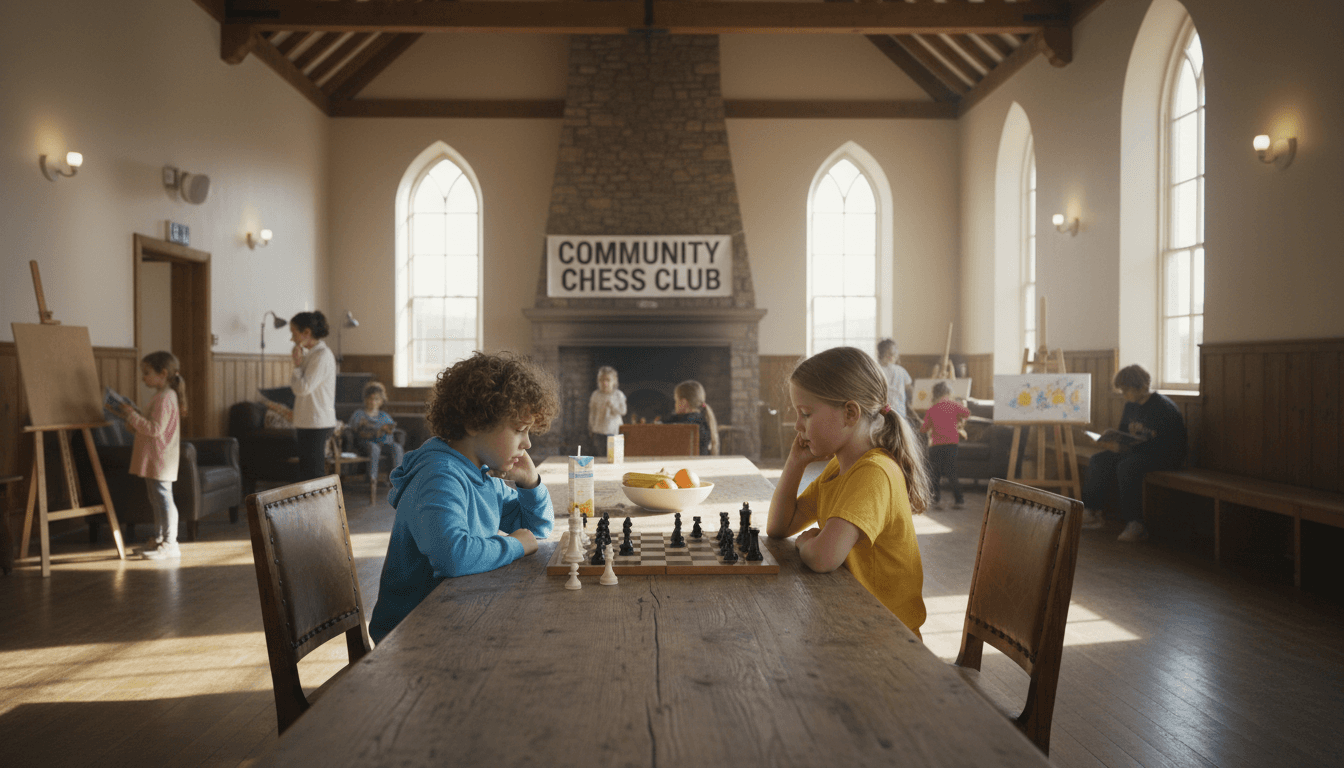 Children playing chess at wooden table in bright community hall with natural light