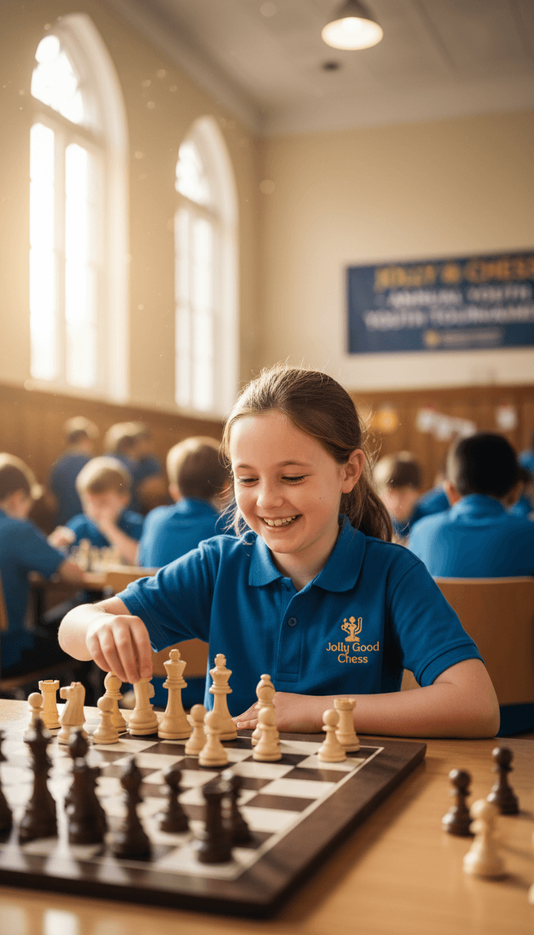 Young girl smiling and playing chess in a bright community hall.