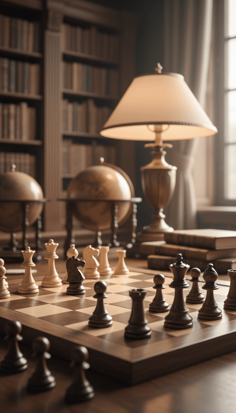 Chessboard with pieces in play, soft library background, warm lighting