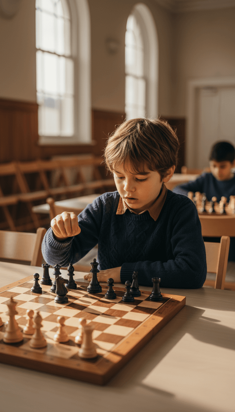 Child concentrating over a chessboard during a club session in Surrey