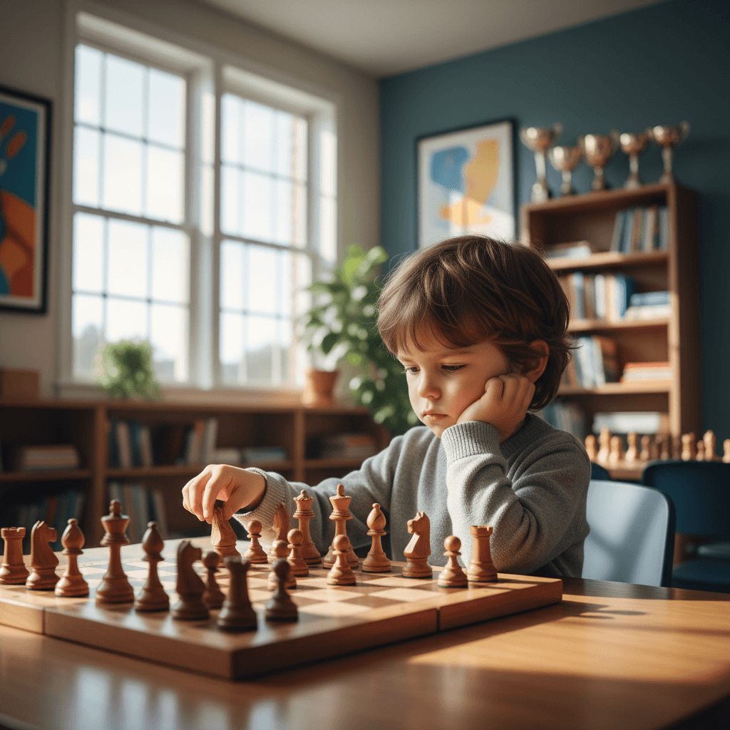 Child focused on a chess move in a bright classroom, surrounded by books and trophies.