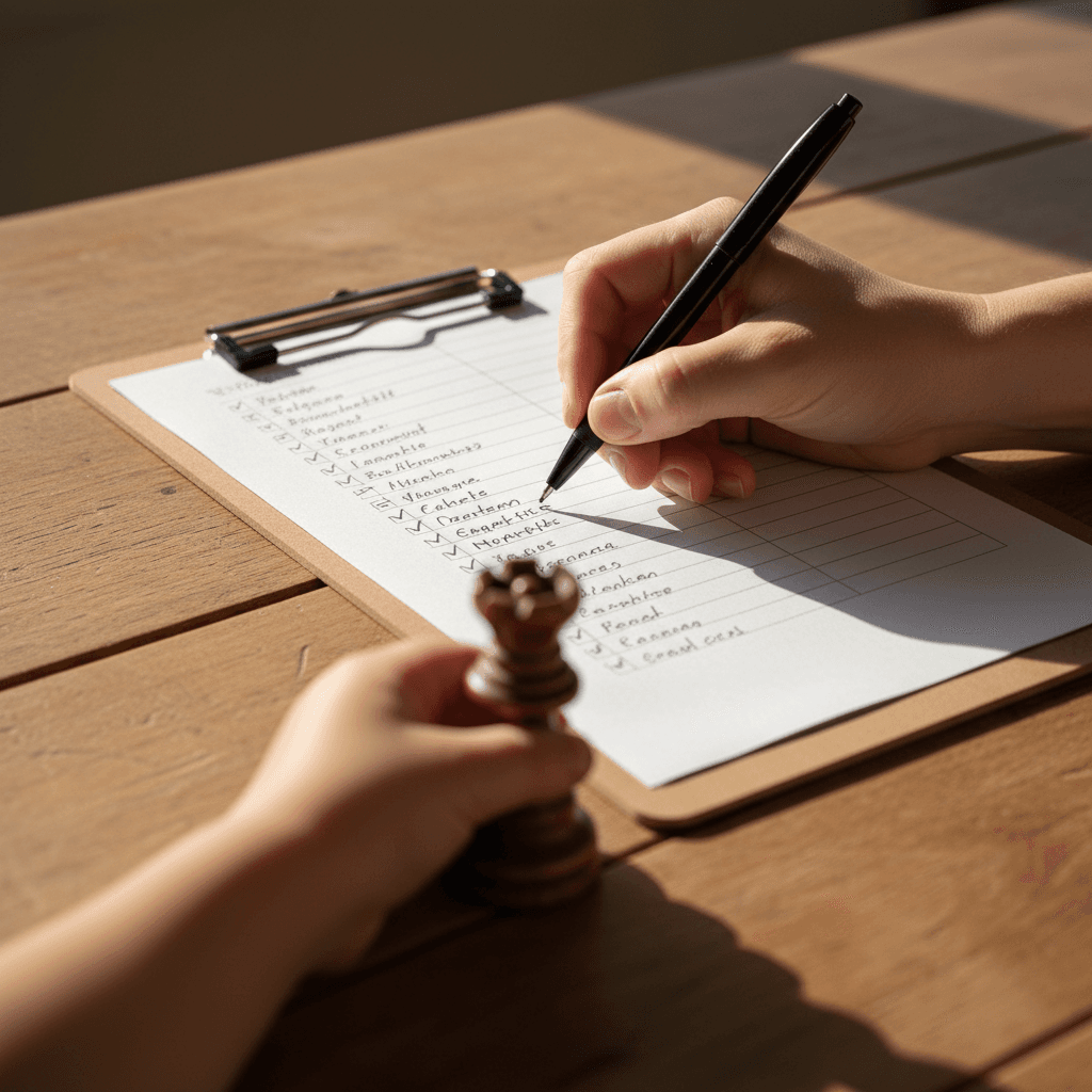 Parent signing collection log with child at a chess club registration desk