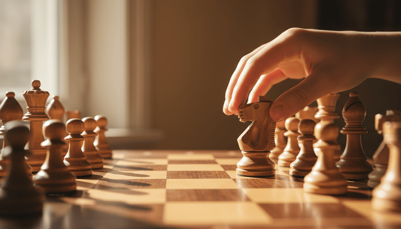 Wooden chess pieces on a board in soft natural light with a child's hand on a knight