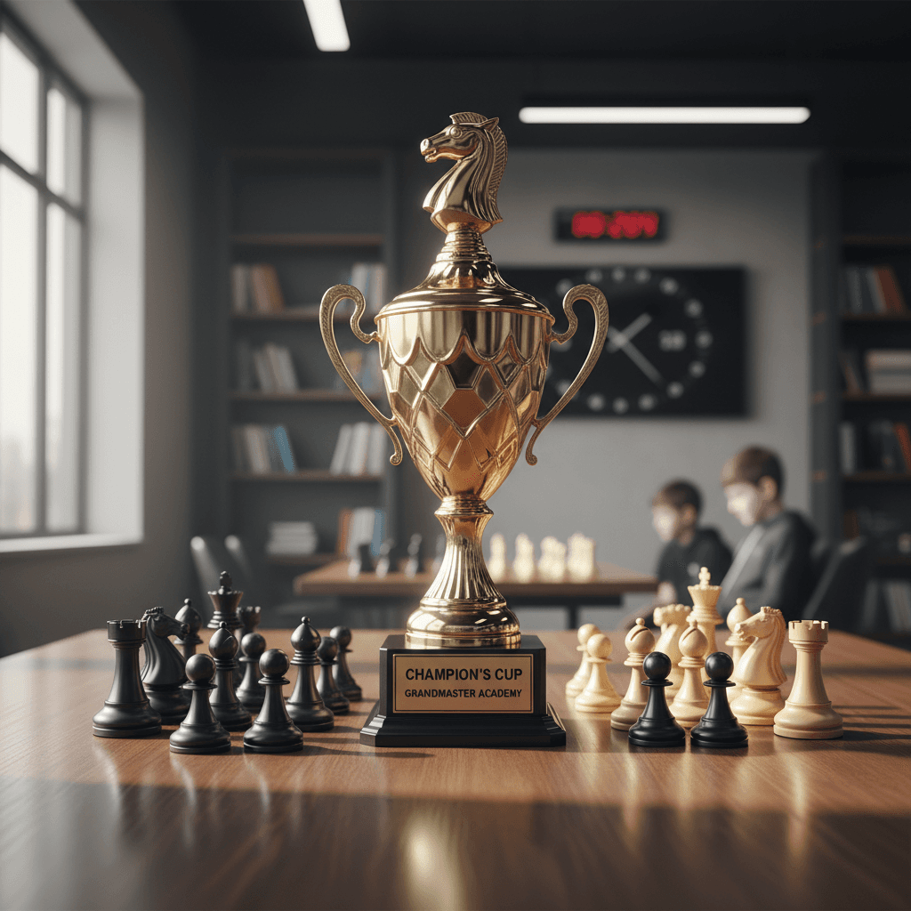Gold chess trophy on a table with chess pieces, symbolizing achievement and success.
