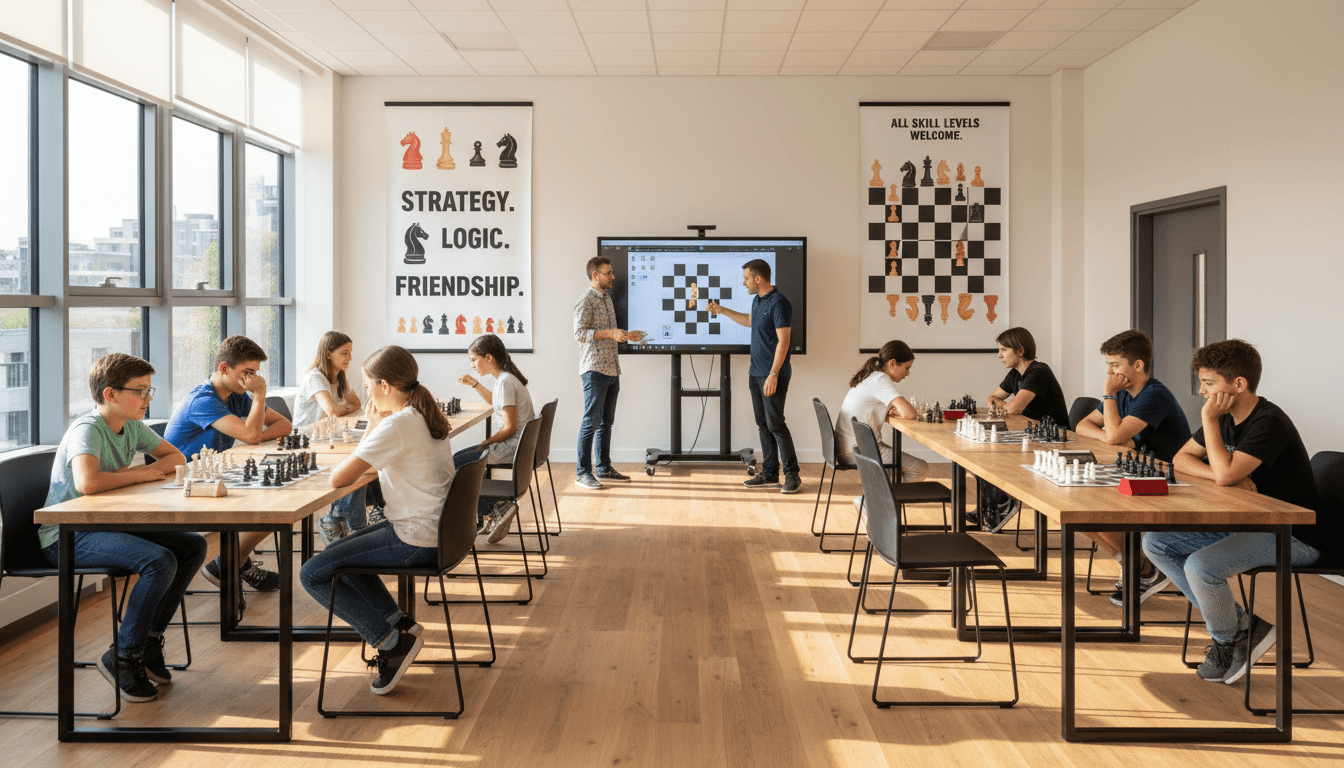 Diverse group of students at chess tables with instructors circulating during an active group learning session in bright natural light
