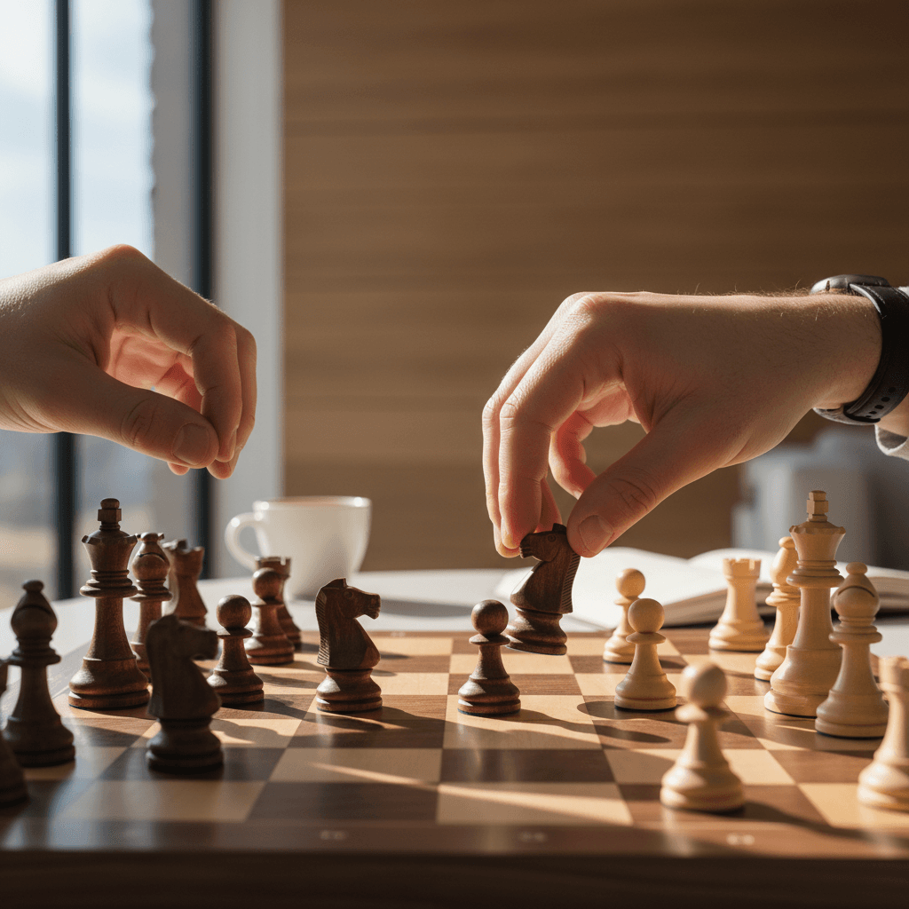 Child's hands hovering over a chessboard during a tournament game