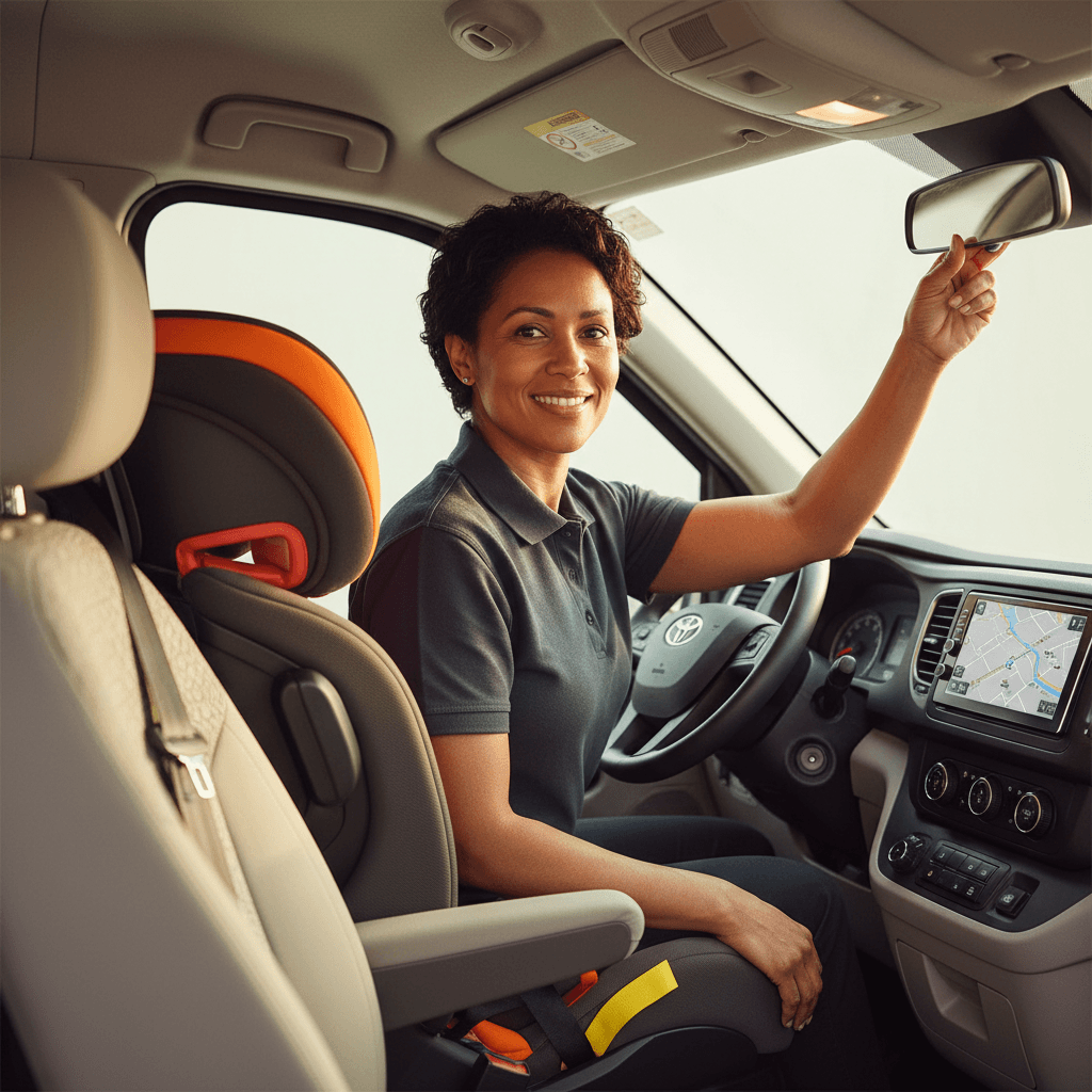 Professional female transportation driver adjusting rearview mirror in clean, organized passenger van with safety features visible