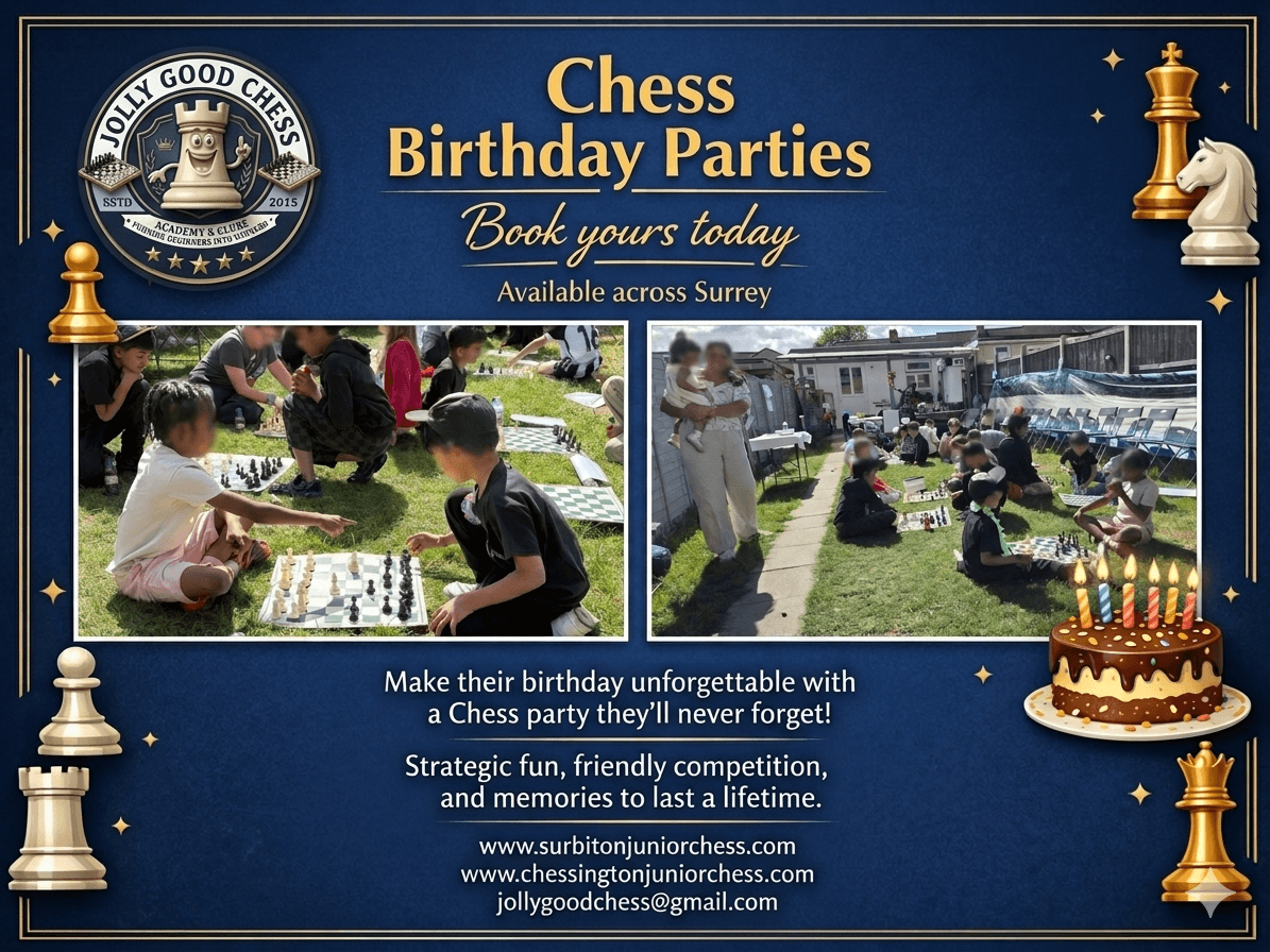 Promotional flyer for chess birthday parties featuring children playing outdoors and a birthday cake.