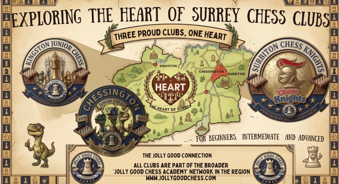 Vintage map poster featuring logos for Kingston, Chessington, and Surbiton chess clubs in Surrey.