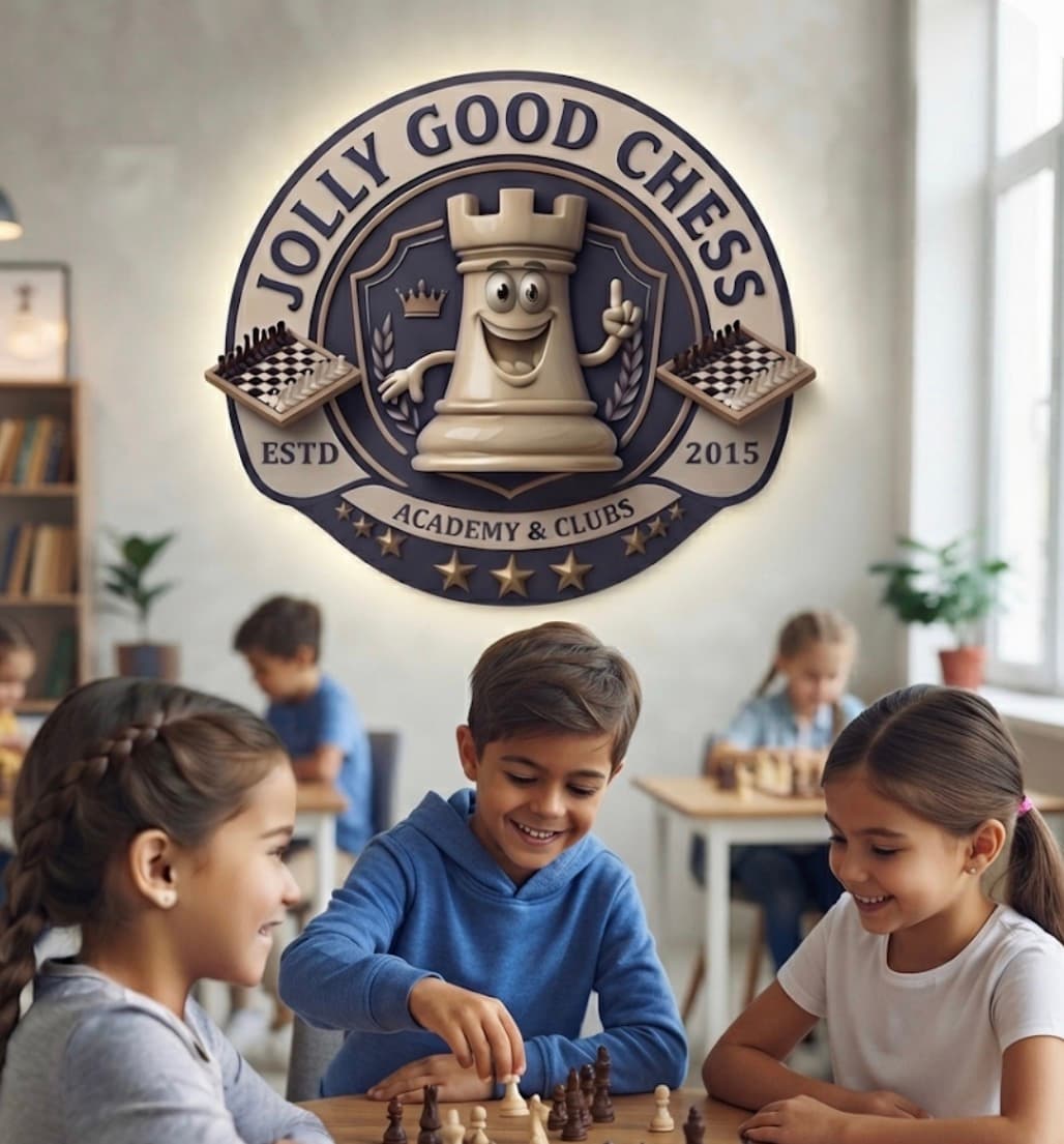 Smiling children play chess in a classroom with a Jolly Good Chess Academy logo.
