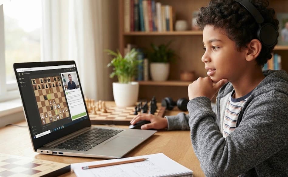Young boy wearing headphones watches an online chess tutorial on his laptop.