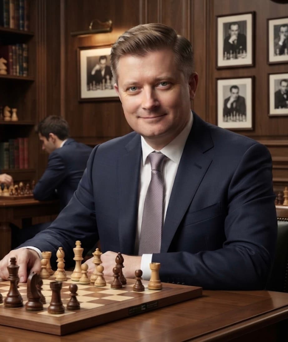 Smiling man in a navy suit sits at a chessboard in a wood-paneled study.