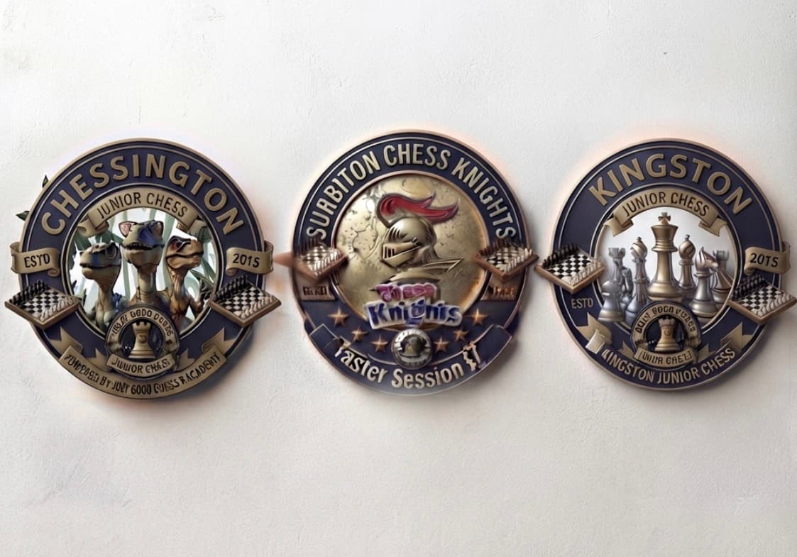Three ornate circular logos for junior chess clubs featuring dinosaurs, a knight, and chess pieces.