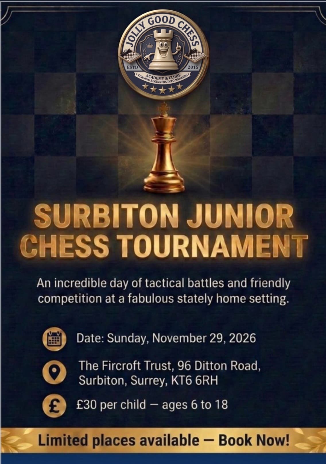 Surbiton Junior Chess Tournament poster for November 29, 2026, featuring a golden king piece.